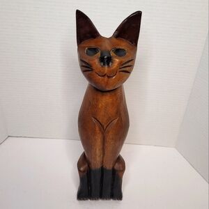 Vintage Carved Tall Wooden Siamese Cat Statue Handmade 16"